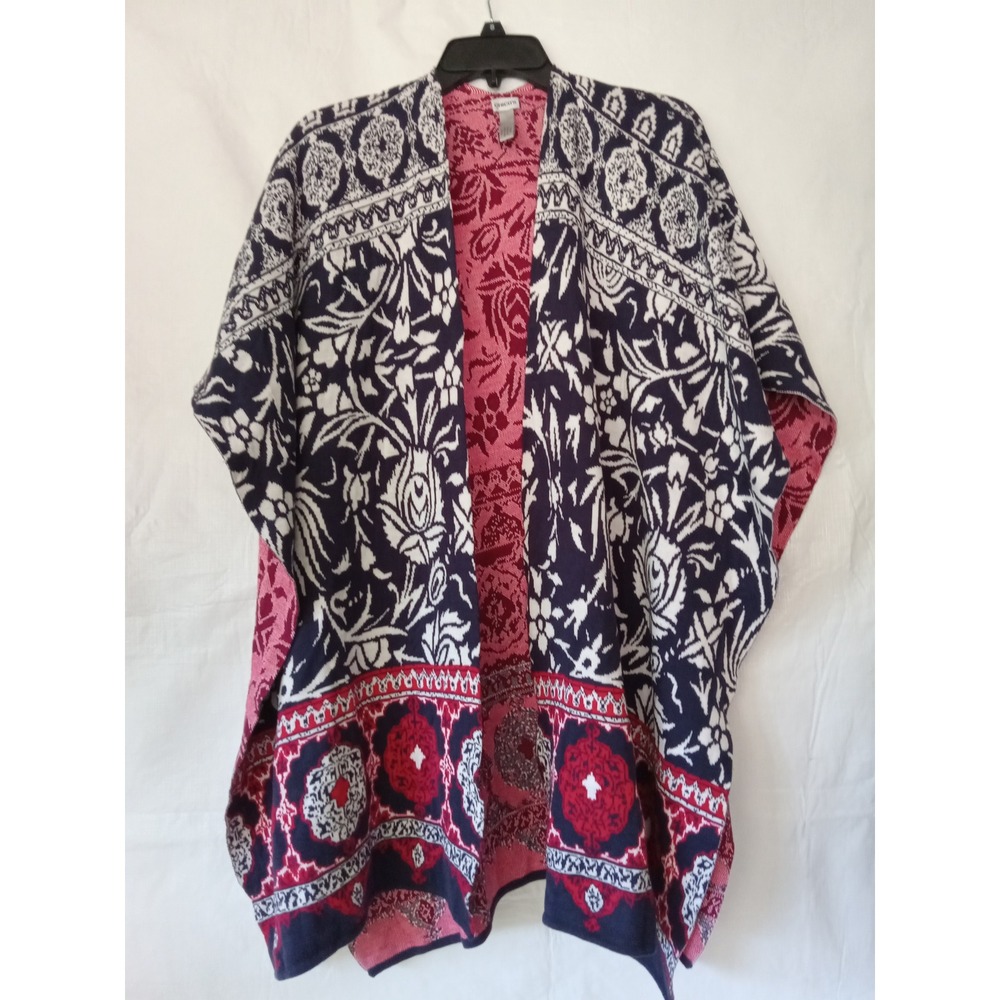 Chico's Kimono Open Front Cardigan Sweater Navy Red Floral Boho Elegant